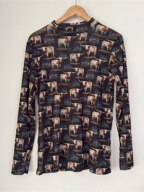 Sterling Kreek Y2K Sheer Mesh Long Sleeve Top Longhorn Print Sz M